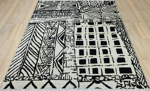 8 X 10 Ft Charcoal and Beige Color Rug Indian Hand Knotted Abstract Pattern Design Area Rug #WoolRug Home Decor