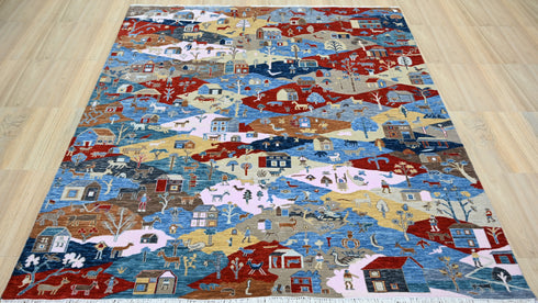 8 X 10 Ft Wool Area Rug, Hand Knotted Village Theme Rug , Indoor Floor Covering Rug, Contemporary Rug, Indian Handmade Carpet Home Decor