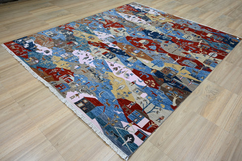 8 X 10 Ft Wool Area Rug, Hand Knotted Village Theme Rug , Indoor Floor Covering Rug, Contemporary Rug, Indian Handmade Carpet Home Decor