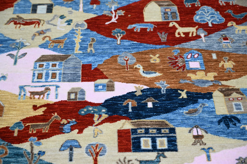 8 X 10 Ft Wool Area Rug, Hand Knotted Village Theme Rug , Indoor Floor Covering Rug, Contemporary Rug, Indian Handmade Carpet Home Decor