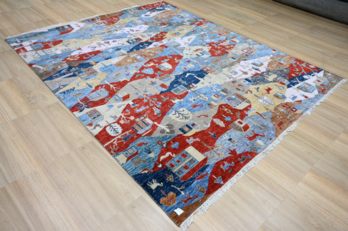 8 X 10 Ft Wool Area Rug, Hand Knotted Village Theme Rug , Indoor Floor Covering Rug, Contemporary Rug, Indian Handmade Carpet Home Decor