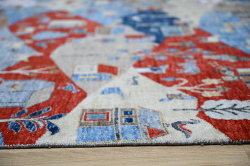 8 X 10 Ft Wool Area Rug, Hand Knotted Village Theme Rug , Indoor Floor Covering Rug, Contemporary Rug, Indian Handmade Carpet Home Decor