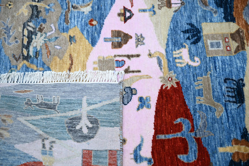 8 X 10 Ft Wool Area Rug, Hand Knotted Village Theme Rug , Indoor Floor Covering Rug, Contemporary Rug, Indian Handmade Carpet Home Decor