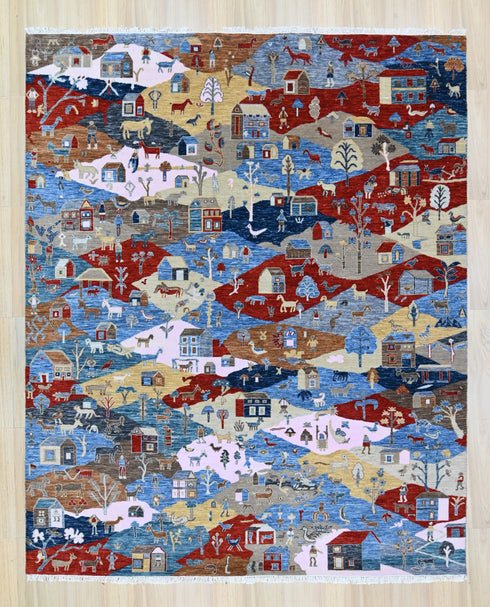 8 X 10 Ft Wool Area Rug, Hand Knotted Village Theme Rug , Indoor Floor Covering Rug, Contemporary Rug, Indian Handmade Carpet Home Decor