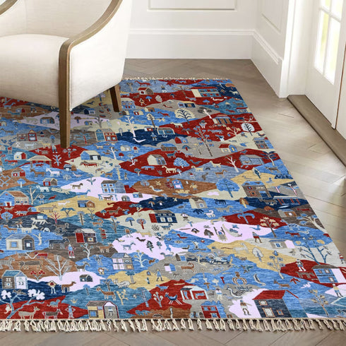 8 X 10 Ft Wool Area Rug, Hand Knotted Village Theme Rug , Indoor Floor Covering Rug, Contemporary Rug, Indian Handmade Carpet Home Decor