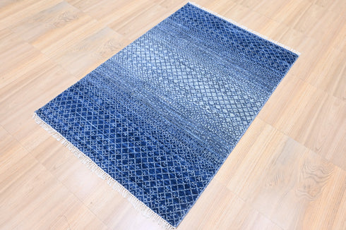 4 X 6 Ft Indian Hand Knotted Blue and Beige Contemporary Indoor Floor Area Rug #WoolRug #IndoorRug #LivingRoomRug #LoomtoRoom