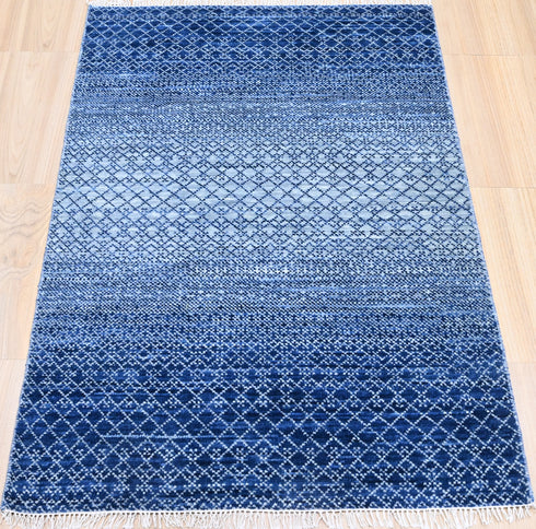 4 X 6 Ft Indian Hand Knotted Blue and Beige Contemporary Indoor Floor Area Rug #WoolRug #IndoorRug #LivingRoomRug #LoomtoRoom