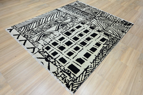 8 X 10 Ft Charcoal and Beige Color Rug Indian Hand Knotted Abstract Pattern Design Area Rug #WoolRug Home Decor