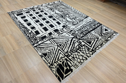 8 X 10 Ft Charcoal and Beige Color Rug Indian Hand Knotted Abstract Pattern Design Area Rug #WoolRug Home Decor