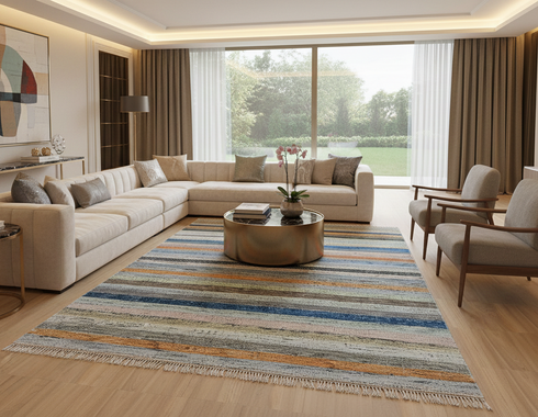 Hand-Knotted Textured Stripe Rug 10x14 ft | Versatile Neutral & Blue Palette for Modern Interiors